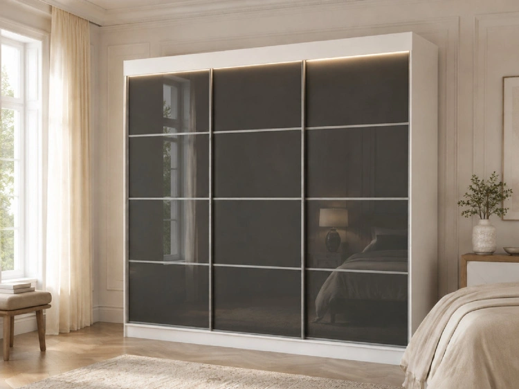 Szafa przesuwna ze szprosami 250 cm z oświetleniem LED Ponti Biała, Szara