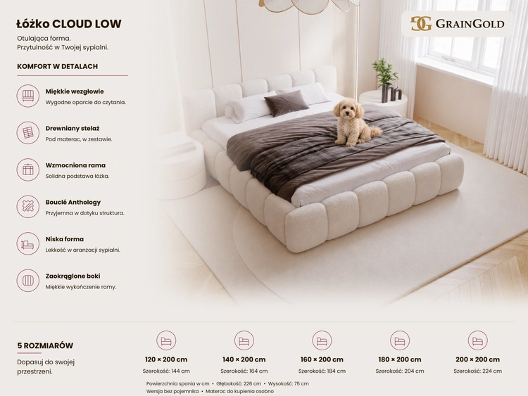 Łóżko tapicerowane bez pojemnika ze stelażem 200x200 Cloud Low Czarne