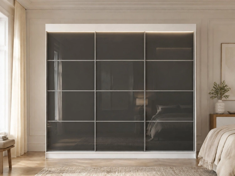 Szafa przesuwna ze szprosami 250 cm z oświetleniem LED Ponti Biała, Szara